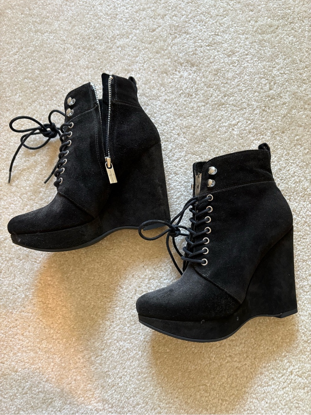 Michael Kors Black Suede Wedge Ankle Booties with Lace-Up and Side Zip